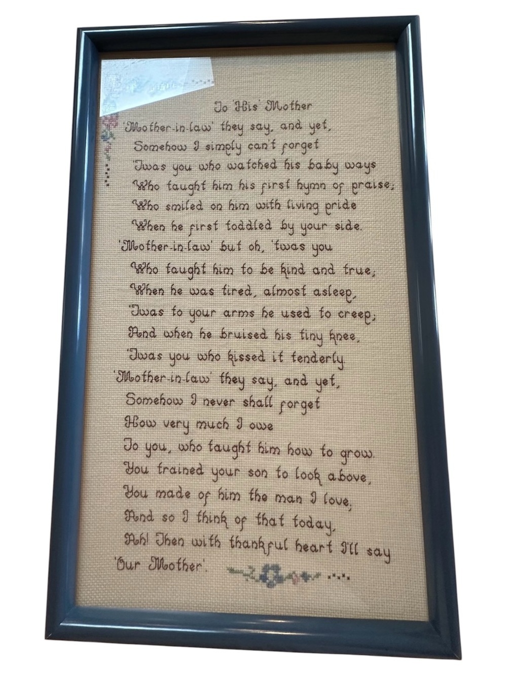 Framed 'To His Mother' Cross-Stitch Wall Art - Blue Frame